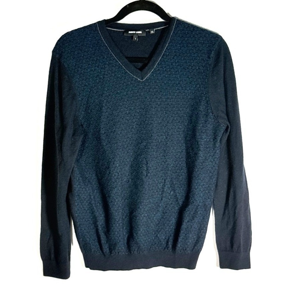 Mens Preppy Ivy Trad Merino Wool Blend V-Neck Textured Knit Sweater Blue Size L